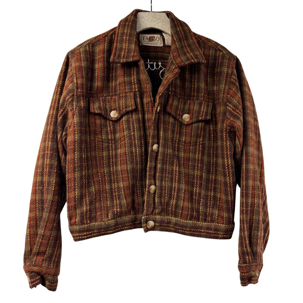 Brown Plaid Crop Boxy Jacket Wool Blend Vintage XL Fargo